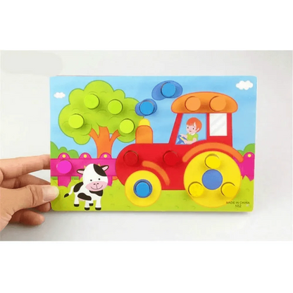Montessori wooden beaded geometry clock puzzle with a red tractor and cow on a farm scene on Tampa Home & Garden Store