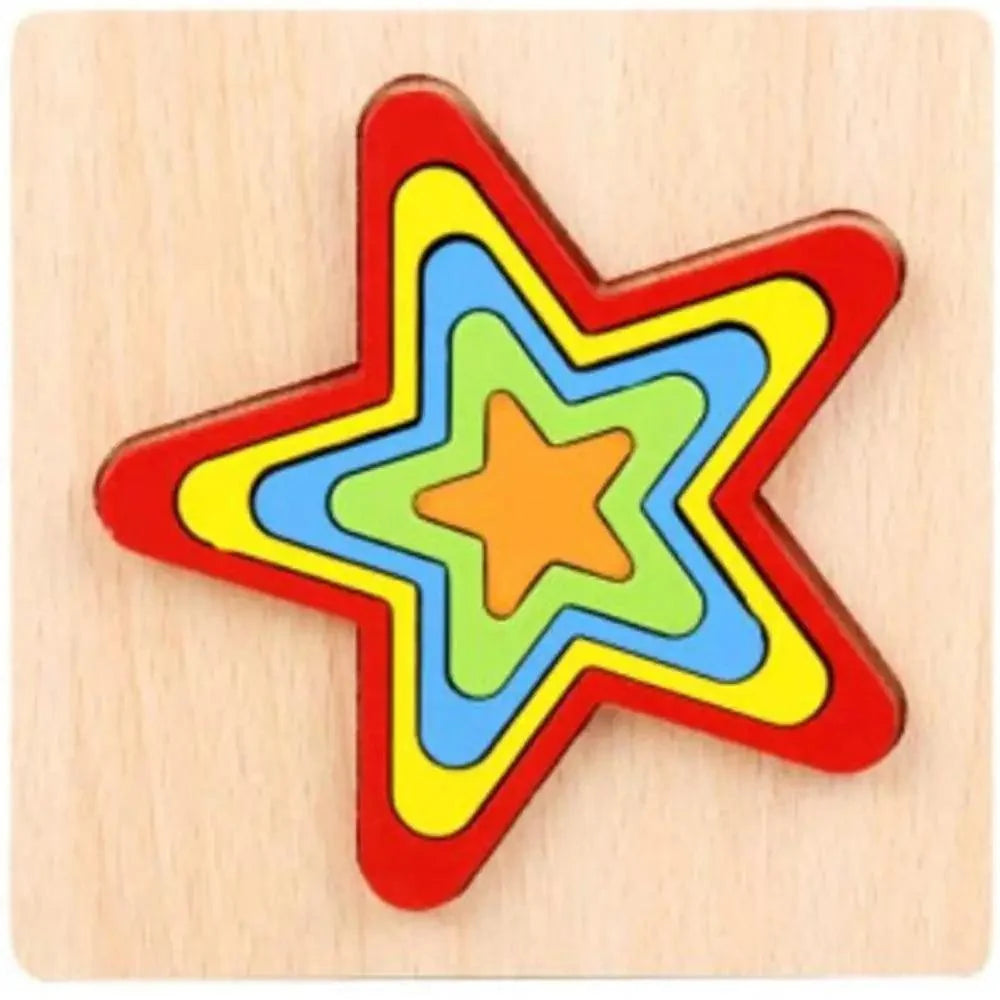 Wooden star-shaped puzzle with multicolored nested layers on a light wood board on Tampa Home & Garden Store