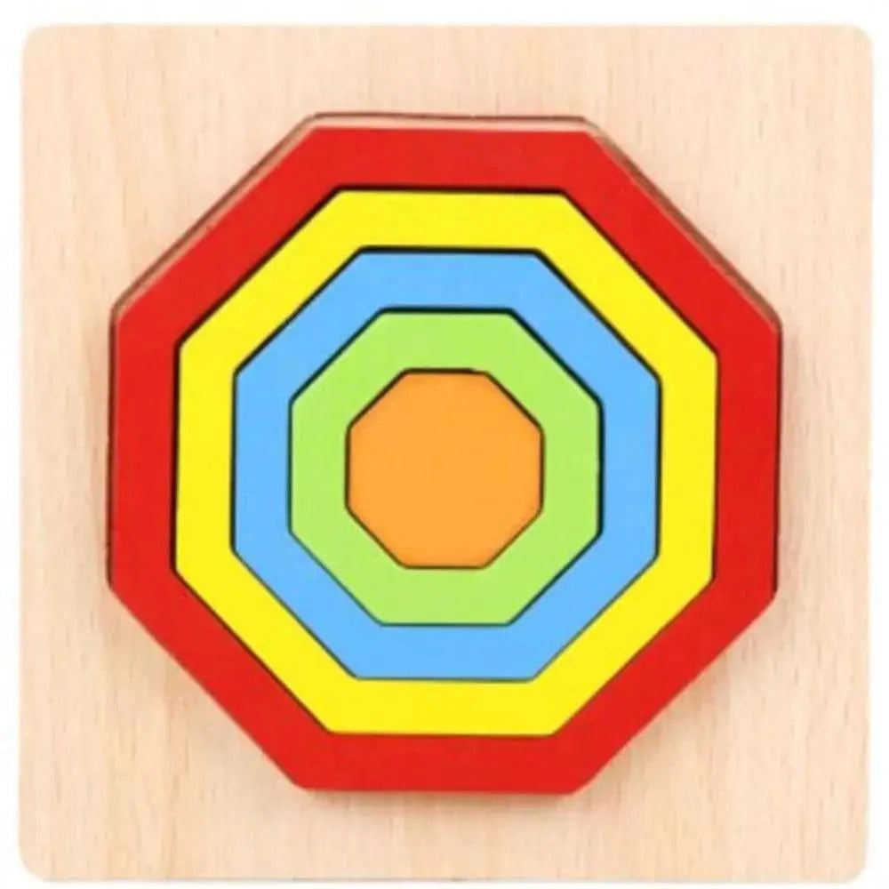 Wooden Montessori geometry puzzle with colorful concentric octagons on a square base on Tampa Home & Garden Store