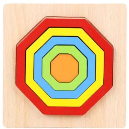 Wooden Montessori geometry puzzle with colorful concentric octagons on a square base on Tampa Home & Garden Store