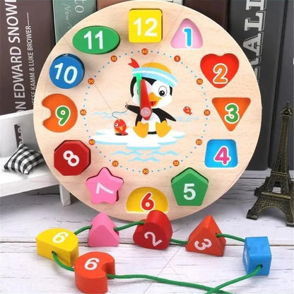 Stevvex Montessori wooden clock puzzle with colorful numbers and shapes, beaded string set on Tampa Home & Garden Store