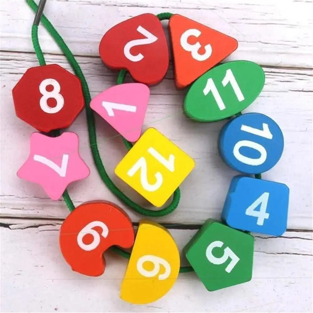 Stevvex Montessori wooden beaded clock puzzle with 12 numbered beads on a green cord on Tampa Home & Garden Store