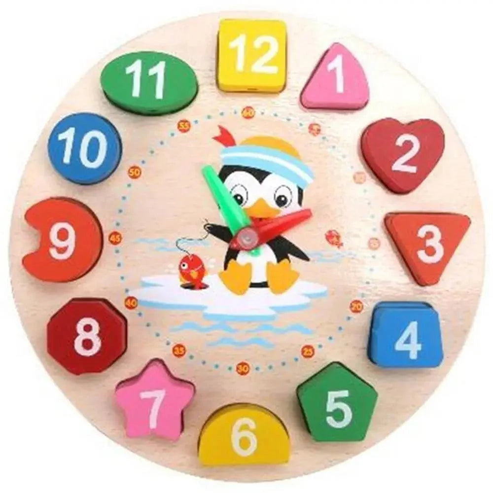 Montessori wooden clock puzzle by Stevvex with 12 colorful shapes around a panda clock on Tampa Home & Garden Store