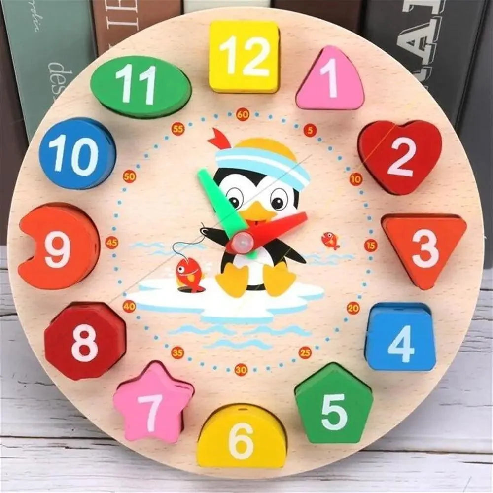 Montessori wooden beaded clock puzzle by Stevvex with shapes around a penguin for kids on Tampa Home & Garden Store