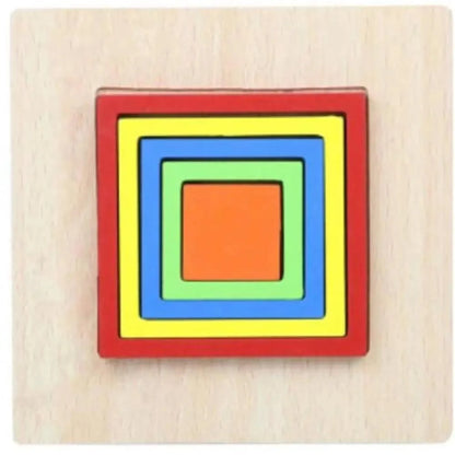Montessori wooden nesting square puzzle by Stevvex with red yellow blue green orange frames on Tampa Home & Garden Store