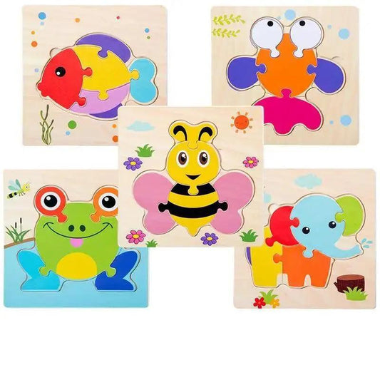 Stevvex Montessori baby animals wooden cognition puzzle set, 5 colorful animal boards on Tampa Home & Garden Store