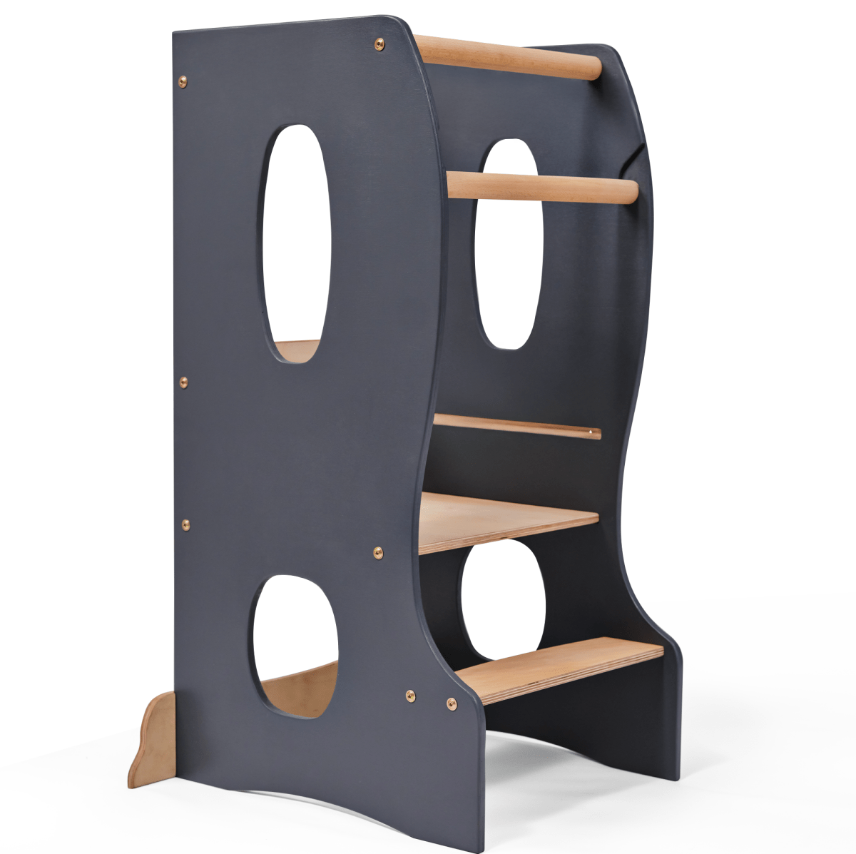 Stable Montessori Tower wooden growing chair grey Goodevas with natural wood steps on Tampa Home & Garden Store