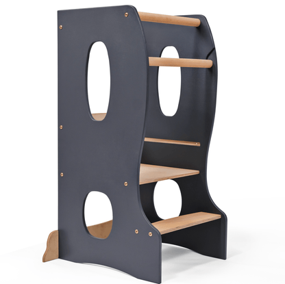 Stable Montessori Tower wooden growing chair grey Goodevas with natural wood steps on Tampa Home & Garden Store