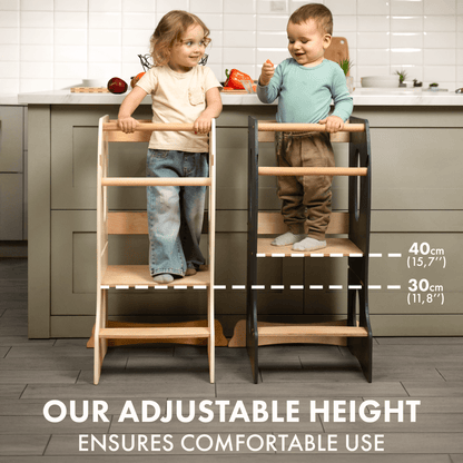 Goodevas Stable Montessori Tower wooden toddler chair, natural and dark frames, 2 towers on Tampa Home & Garden Store