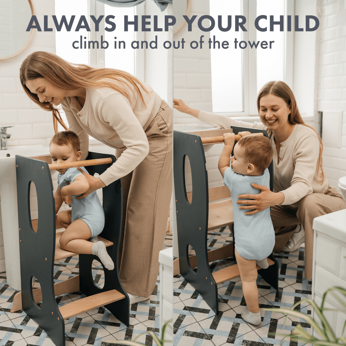 Stable Montessori Tower wooden growing chair grey toddler tower in split-screen collage on Tampa Home & Garden Store