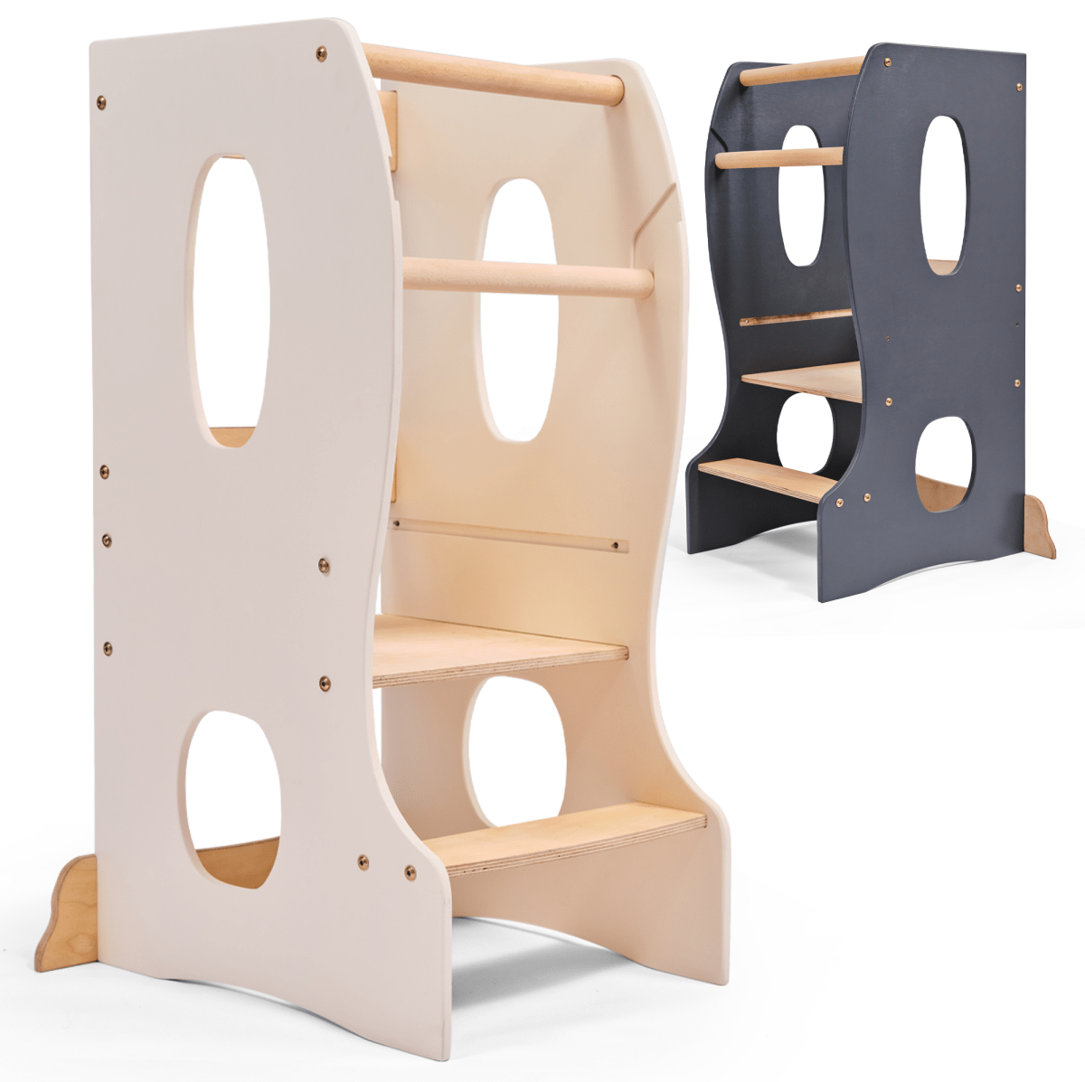 Goodevas Stable Montessori Tower toddler towers in ivory and navy with wooden steps on Tampa Home & Garden Store