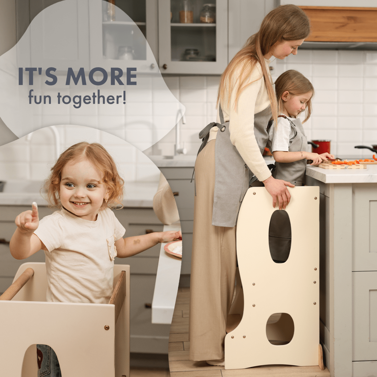 Stable Montessori Tower ivory wooden toddler towers in kitchen with mom and two kids on Tampa Home & Garden Store