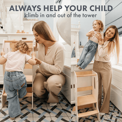 Stable Montessori Tower Ivory wooden growing chair by Goodevas; light wood steps two views on Tampa Home & Garden Store