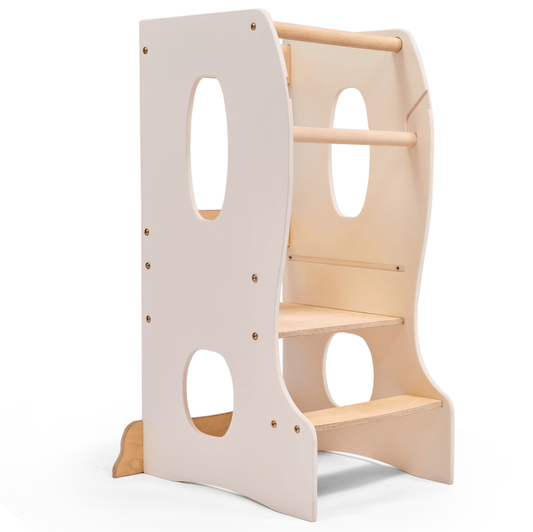 Goodevas Ivory Wooden Montessori Toddler Tower with two step shelves on Tampa Home & Garden Store