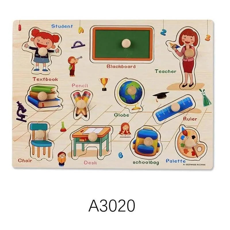 Montessori wooden hand-grab puzzle board by Stevvex with classroom icons and peg knobs on Tampa Home & Garden Store