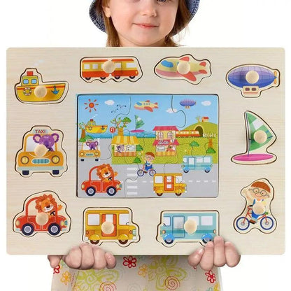Montessori wooden hand-grab puzzle by Stevvex with vehicle and animal shapes around a scene on Tampa Home & Garden Store