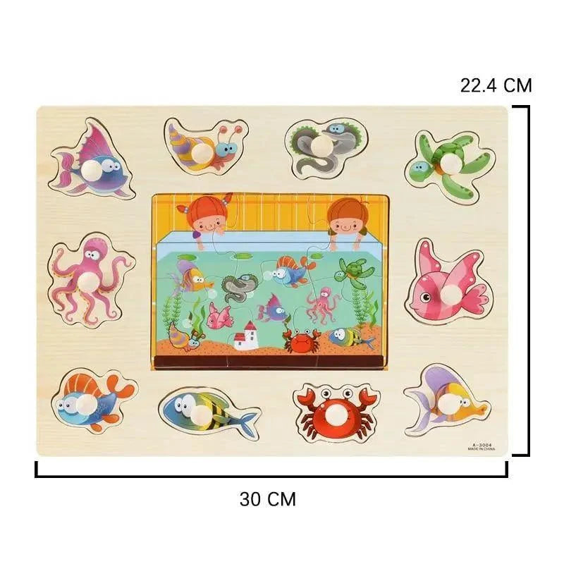 Montessori wooden puzzle board with 12 animal sea-life shapes around aquarium by Stevvex on Tampa Home & Garden Store