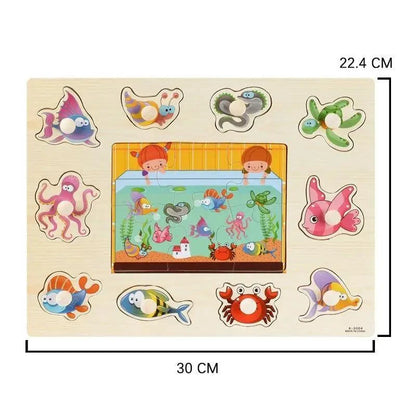 Montessori wooden puzzle board with 12 animal sea-life shapes around aquarium by Stevvex on Tampa Home & Garden Store