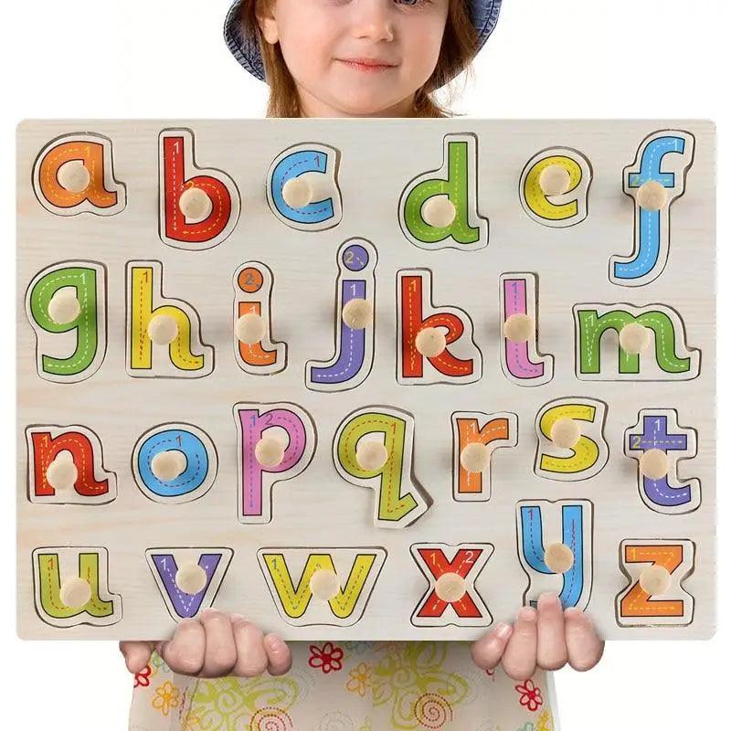 Stevvex wooden alphabet puzzle board with colorful letter pieces and knob grips on Tampa Home & Garden Store