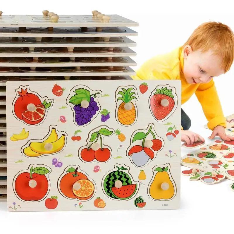 Stevvex Montessori wooden fruit puzzle board with colorful cartoon fruit shapes on Tampa Home & Garden Store