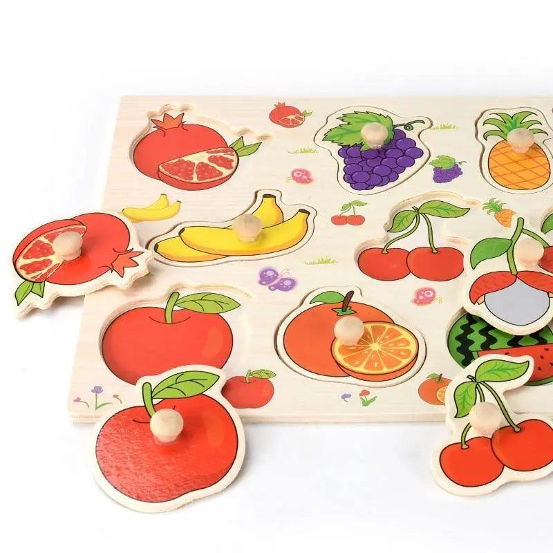 Montessori wooden fruit puzzle with peg-handled pieces on a colorful educational board by Stevvex on Tampa Home & Garden Store