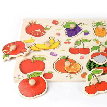 Montessori wooden fruit puzzle with peg-handled pieces on a colorful educational board by Stevvex on Tampa Home & Garden Store