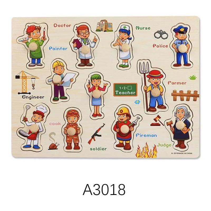 Stevvex wooden Montessori hand-grab puzzle board with cartoon workers for early education on Tampa Home & Garden Store