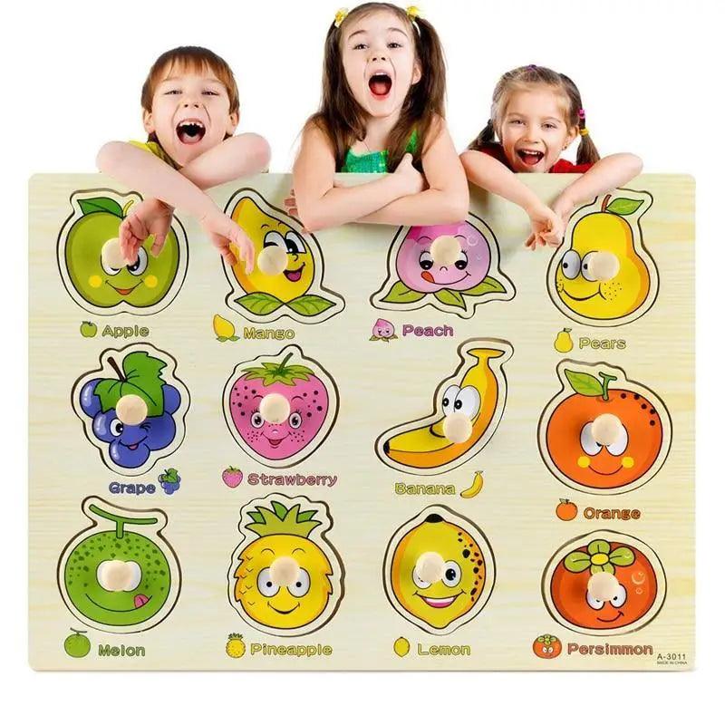 Stevvex wooden peg puzzle board with fruit icons for toddlers Apple Banana Orange on Tampa Home & Garden Store