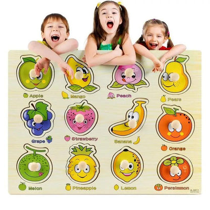 Stevvex wooden peg puzzle board with fruit icons for toddlers Apple Banana Orange on Tampa Home & Garden Store