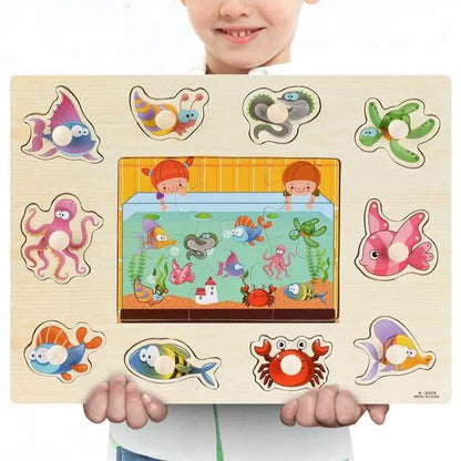 Montessori wooden puzzle board with peg handles and colorful sea creatures by Stevvex on Tampa Home & Garden Store