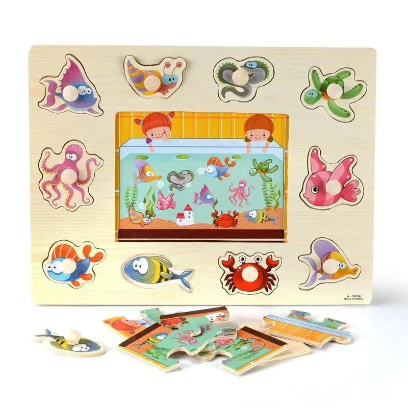 Montessori wooden puzzle hand grab board with cartoon sea creatures around an aquarium scene on Tampa Home & Garden Store
