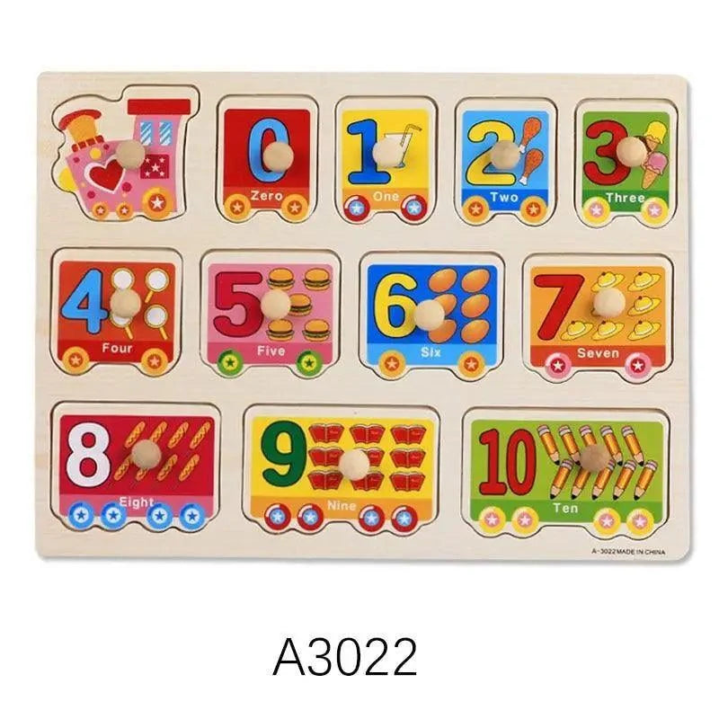 Montessori Stevvex wooden hand-grab puzzle board with colorful numbered train tiles 0–10 on Tampa Home & Garden Store