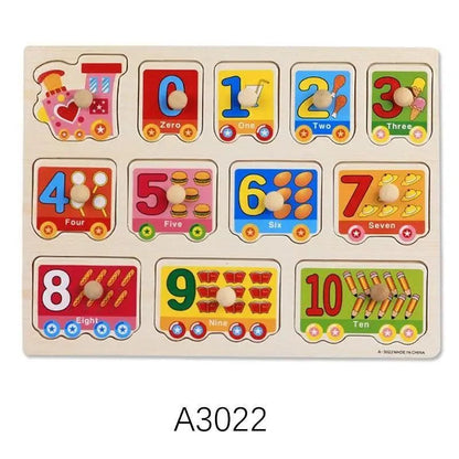 Montessori Stevvex wooden hand-grab puzzle board with colorful numbered train tiles 0–10 on Tampa Home & Garden Store