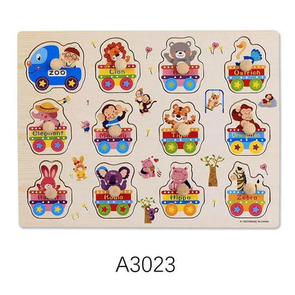 Stevvex Montessori wooden puzzle hand grab board with 12 animal train cars in bright colors on Tampa Home & Garden Store