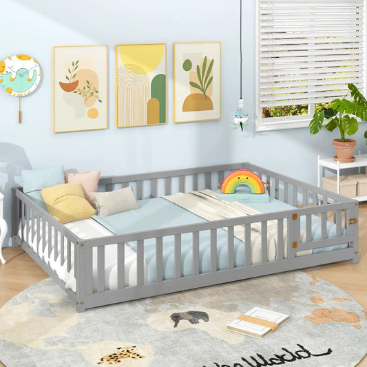 Montessori Bed Frame with Guardrails and Latch in gray wood on Tampa Home & Garden Store