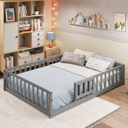 Montessori Bed Frame with Full-length Guardrails Safety Door and Latch