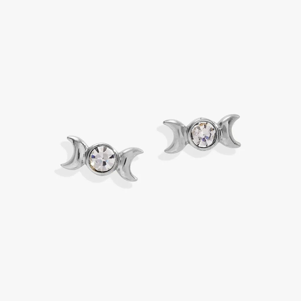 Crystal Lunar Phase Mini Stud Earrings by ALEX AND ANI: silver crescentmoon studs with crystals on Tampa Home & Garden Store