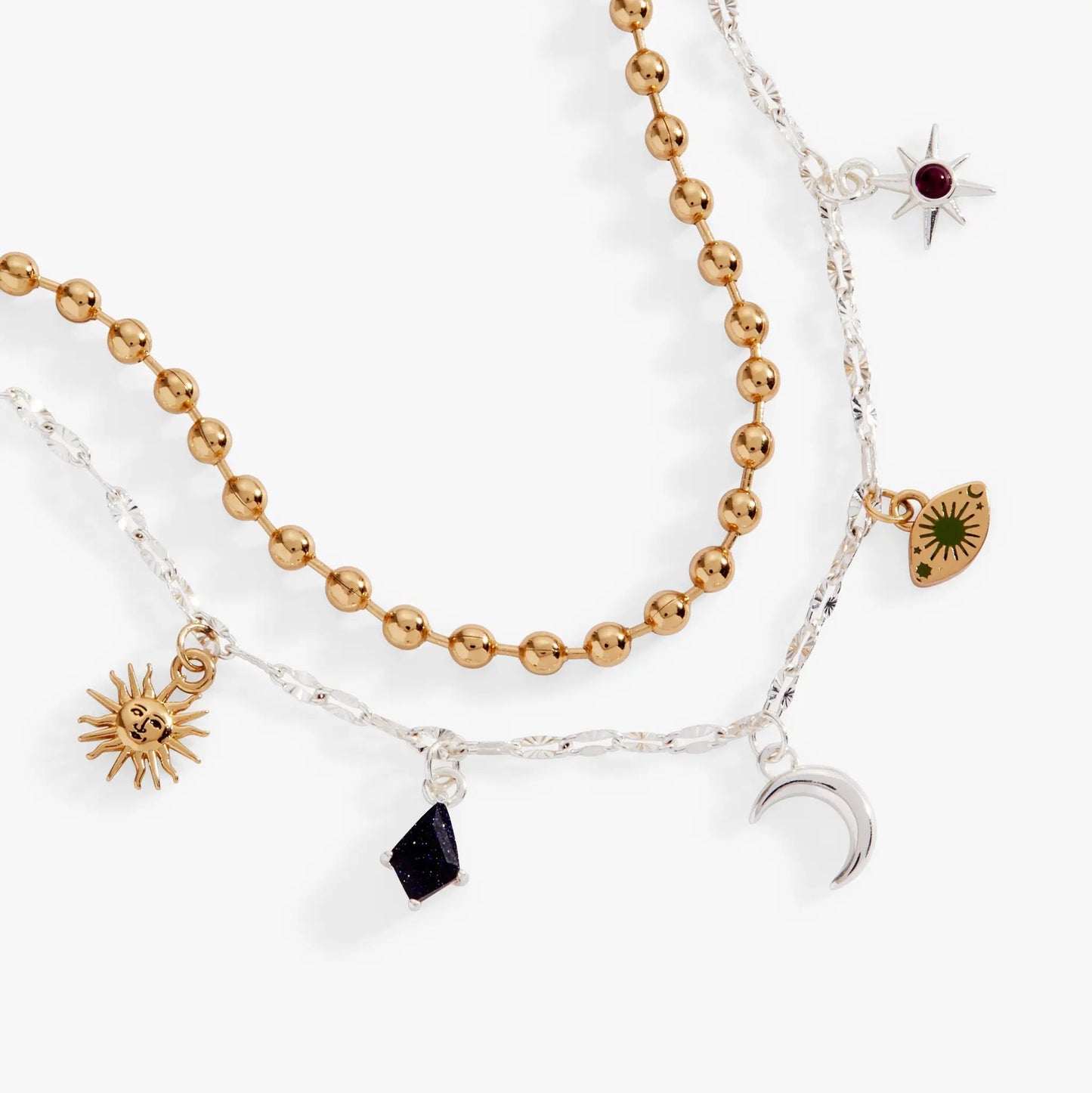 Moon Magic 2 Row Charm Bracelet gold-tone bead strand with silver chain sun charm and purple gem star charm by ALEX AND ANI on Tampa Home & Garden Store