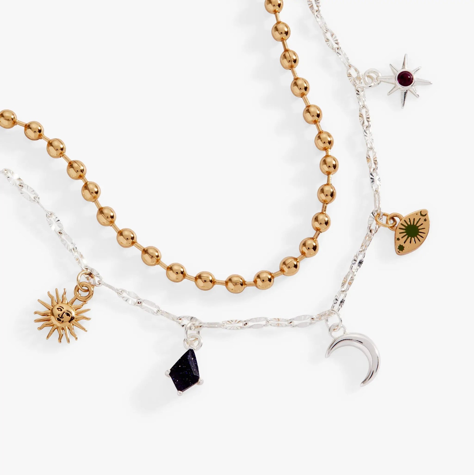 Moon Magic 2 Row Charm Bracelet gold-tone bead strand with silver chain sun charm and purple gem star charm by ALEX AND ANI on Tampa Home & Garden Store
