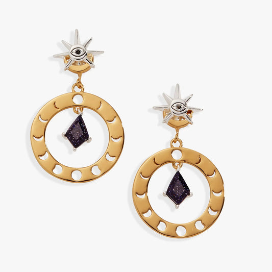 Moon Phase Statement Earrings by ALEX AND ANI, gold crescent hoop with purple gem on Tampa Home & Garden Store