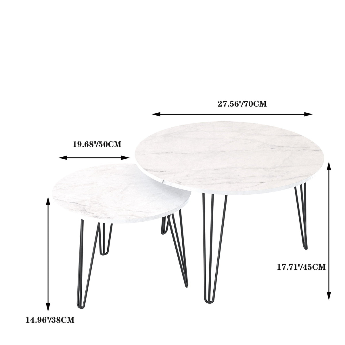 Rustic round nesting coffee tables set of 2 with marble-look white tops and black metal legs on Tampa Home & Garden Store