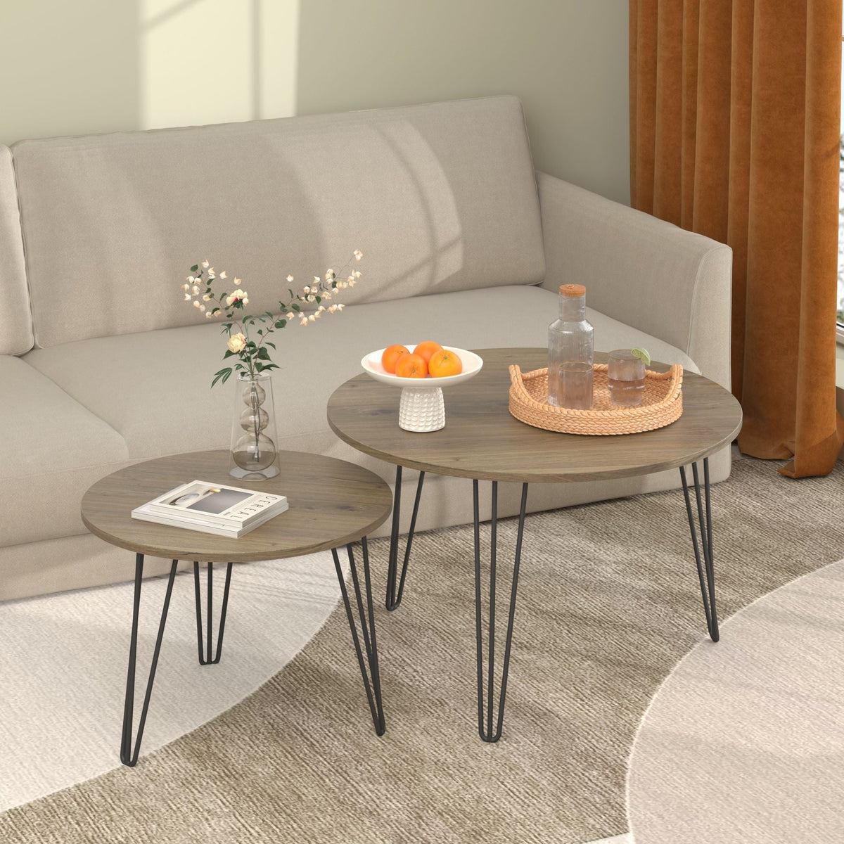 Rustic round nesting coffee tables set of 3 with light brown tops and black metal legs on Tampa Home & Garden Store