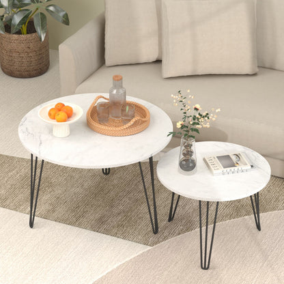 Rustic round nesting coffee tables set of 2 with black metal frames white marble tops on Tampa Home & Garden Store