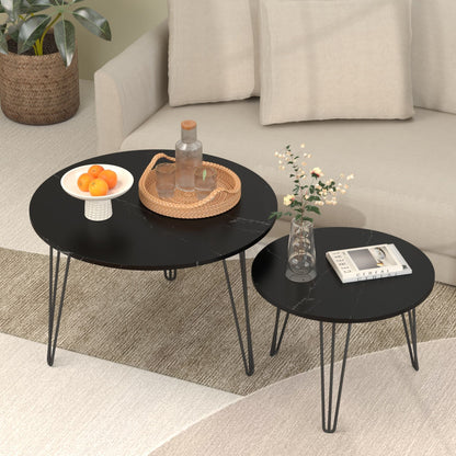 Rustic round nesting coffee tables set of 2 by HouseOfZazla with black marble tops and metal hairpin legs on Tampa Home & Garden Store