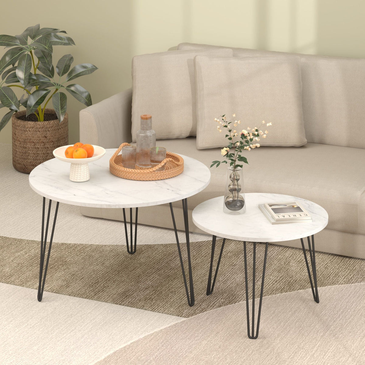 HouseOfZazla rustic round nesting coffee tables set of 2 with white tops and black metal frames on Tampa Home & Garden Store