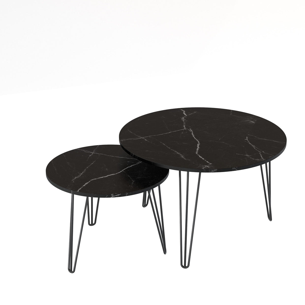 HouseOfZazla round nesting coffee tables set of 2 with black marble tops and metal legs on Tampa Home & Garden Store