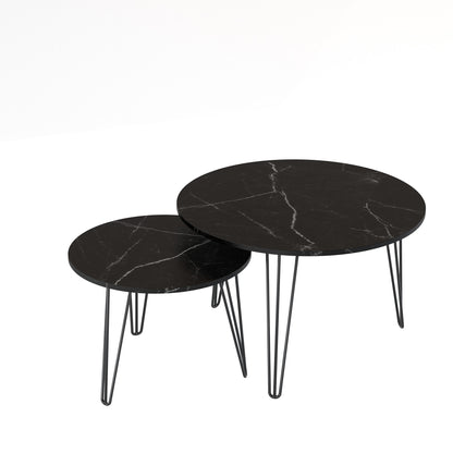 HouseOfZazla round nesting coffee tables set of 2 with black marble tops and metal legs on Tampa Home & Garden Store