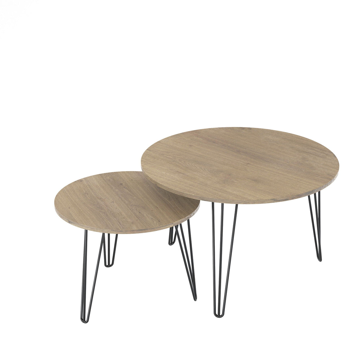 Set of 2 round nesting coffee tables with brown wood tops and black metal legs on Tampa Home & Garden Store
