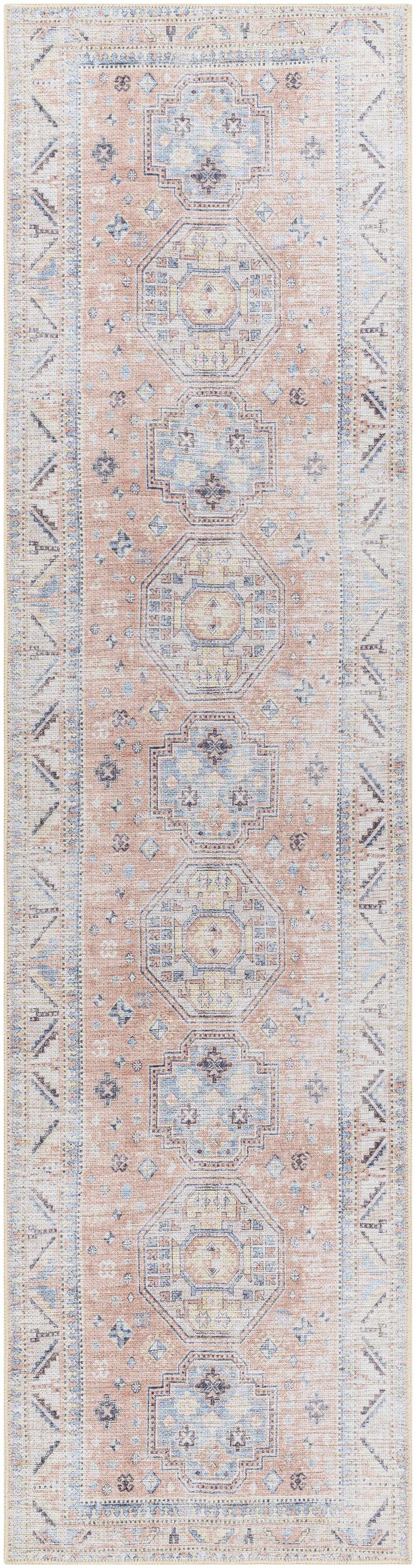 Morcott Peach Washable Area Rug by Boutique Rugs, peach runner with blue geometric medallions on Tampa Home & Garden Store