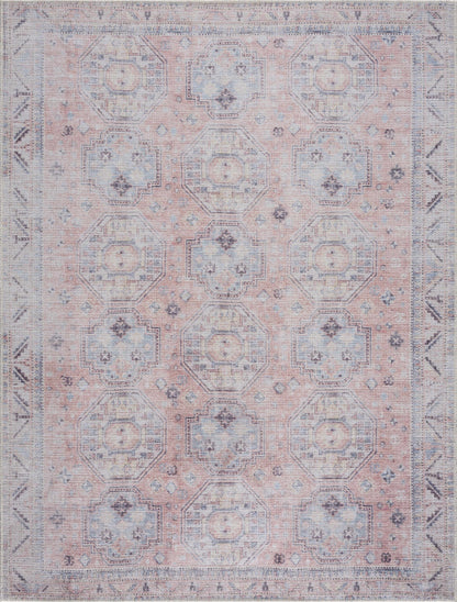 Morcott Peach Washable Area Rug in peach and blue with geometric medallions by Boutique Rugs on Tampa Home & Garden Store